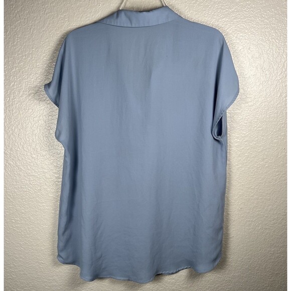 Pleione Sz XL Collared V-Neck Short Sleeve Chiffon Blouse Cornflower Blue - Picture 2 of 8